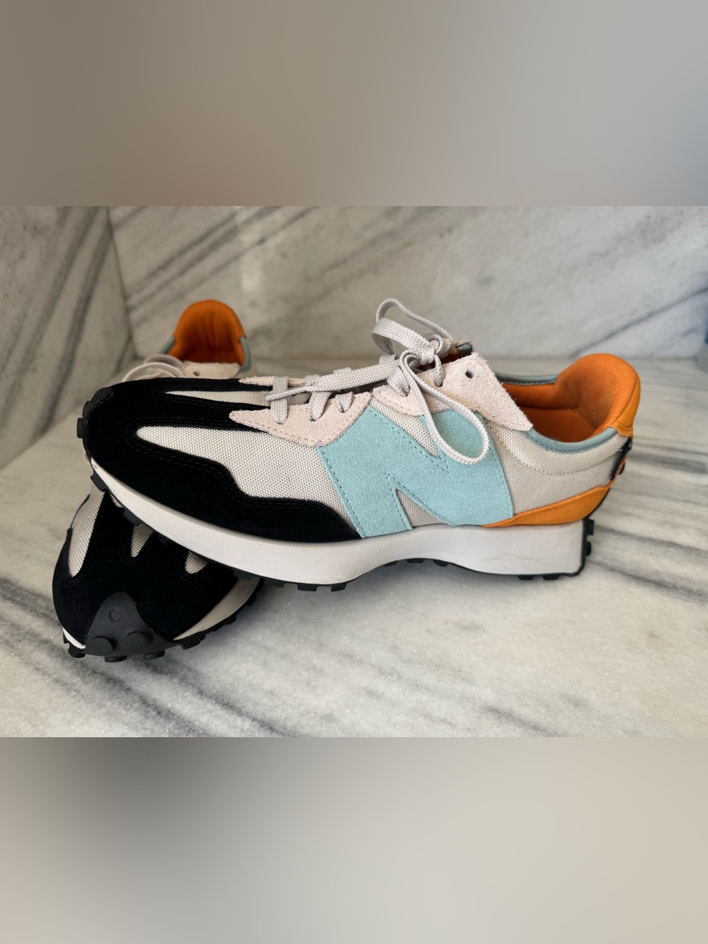 New Balance 327 Cordura Mens Size 12 Moonbeam Orange Grey,Sky Blue, and Black.